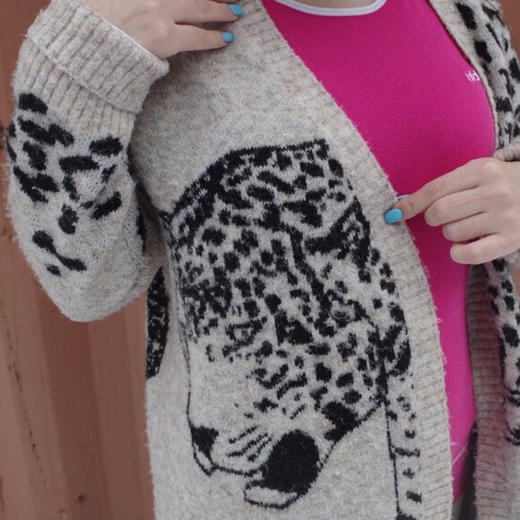 Leopard Print & Leopard Face On Women's Cardigan Sweater - Picture 1 of 6